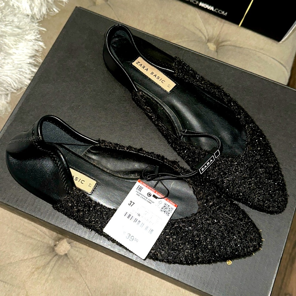 Zara Basic Collection Black Tweed/leather Pointy Flats Sz 37 (Us6.5)